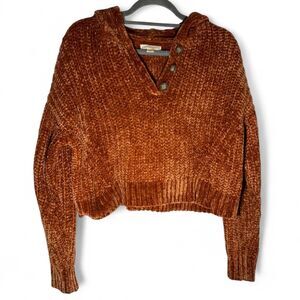 Aeropostale Womens Small Orange Velvet Knit Cropped Hoodie V-Neck Sweater Comfy